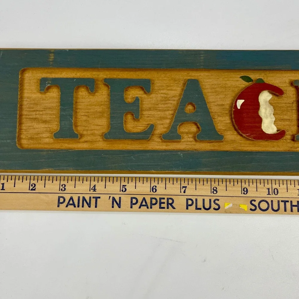 Rustic Wood Carved Teacher Wall Sign Plaque Apple Accent Distressed Teal 18 Inch